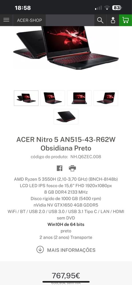 Pc/computador portatil acer Nitro 5