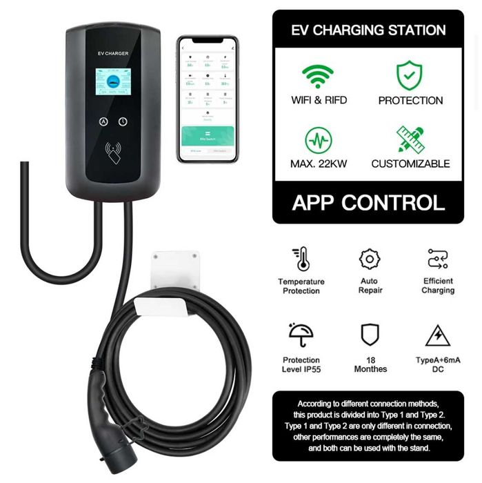 Wallbox Carregador 11 kw - 16 A - Tipo2 - C/ APP - Elétricos Híbridos