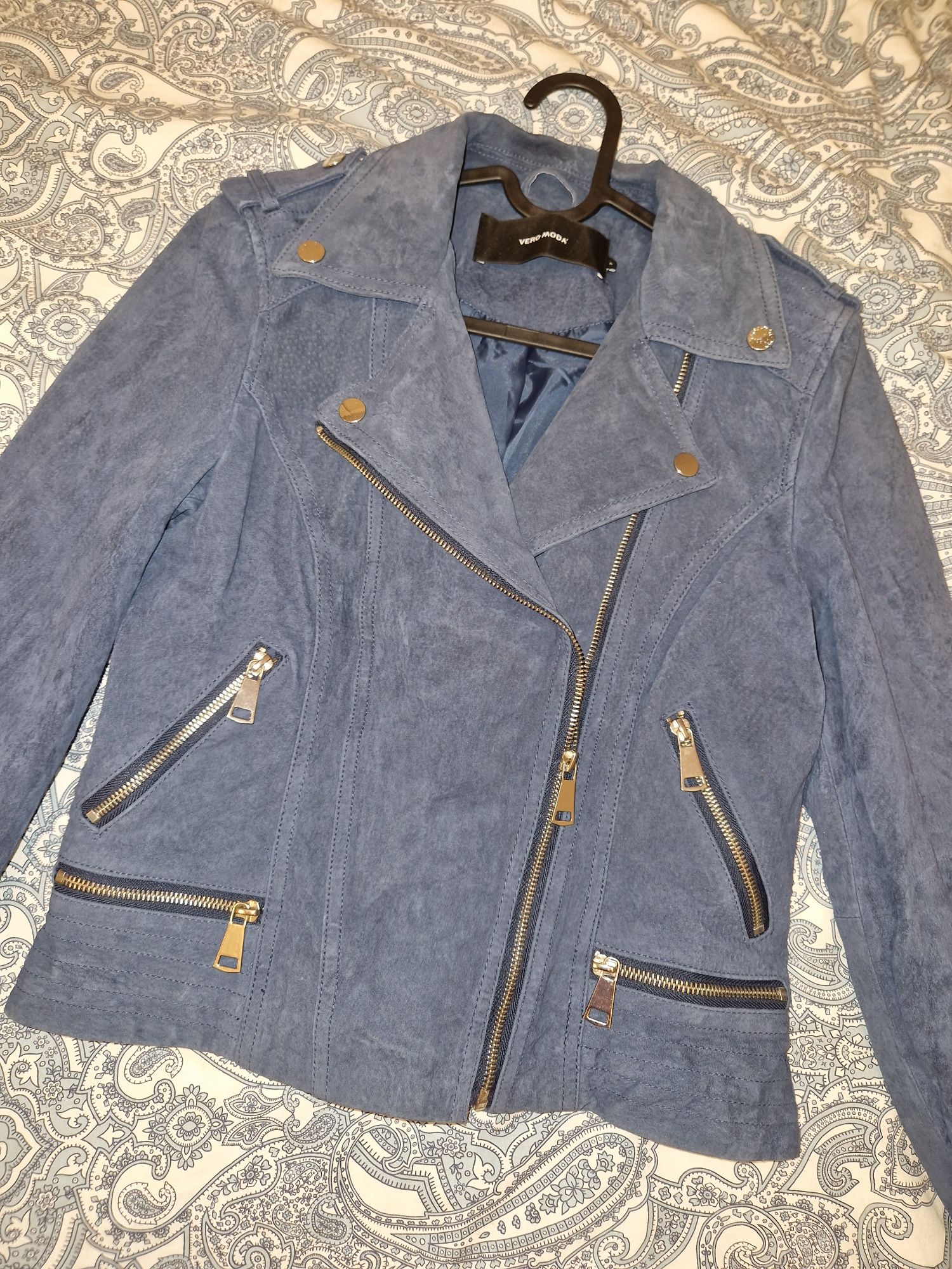 Ramoneska Vero moda M 38 skóra naturalna zamsz ciemnoniebieska hit