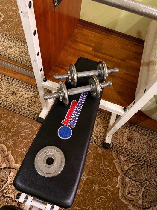 Скамья для жима + штанга + блины + гантели