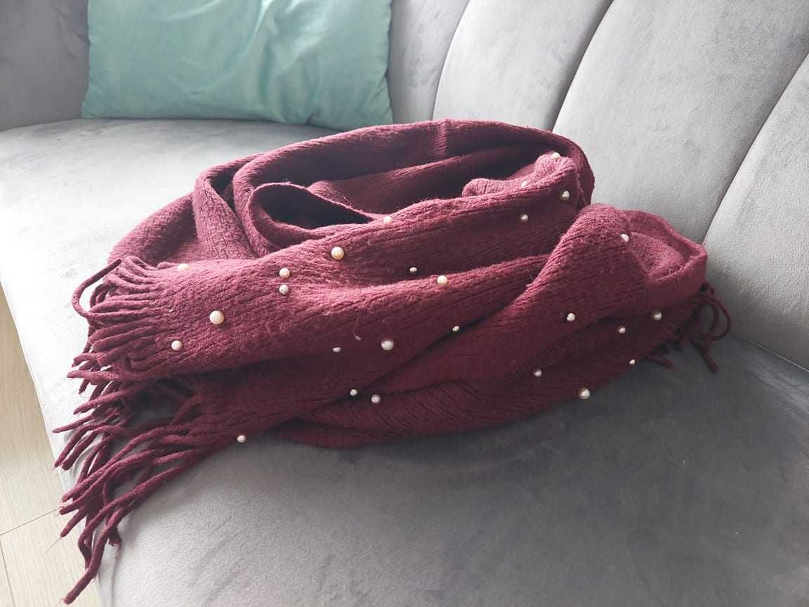 Elegancki burgundowy szalik z perełkami Reserved używany