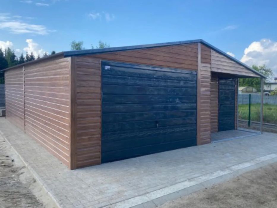 Garaż jednostanowiskowy 7x8 m - Dach dwuspadowy, Brama uchylna, Drewno