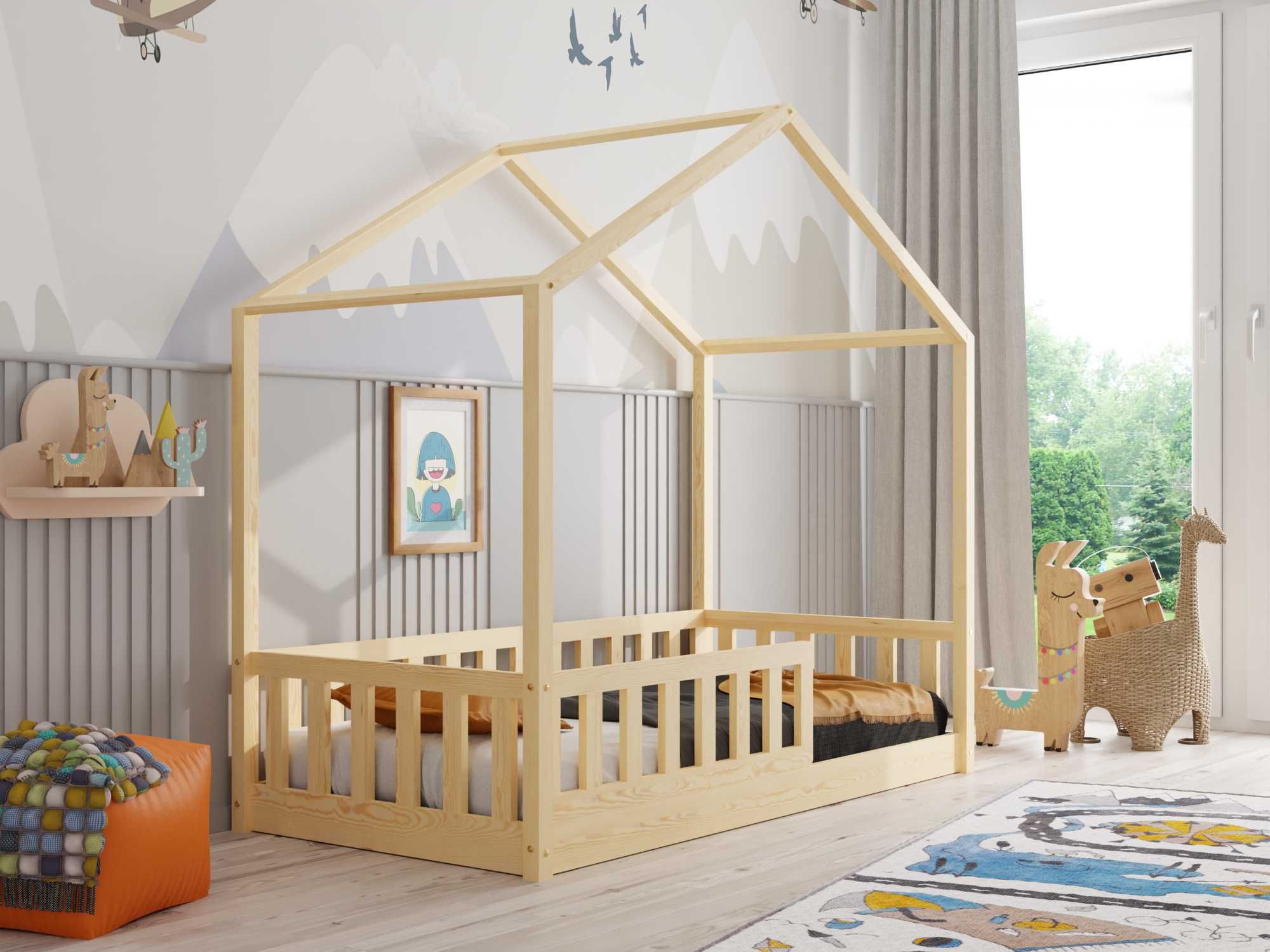 Łóżeczko dla dziecka w kształcie domku Łoś, białe/szare/sosna, 80x160