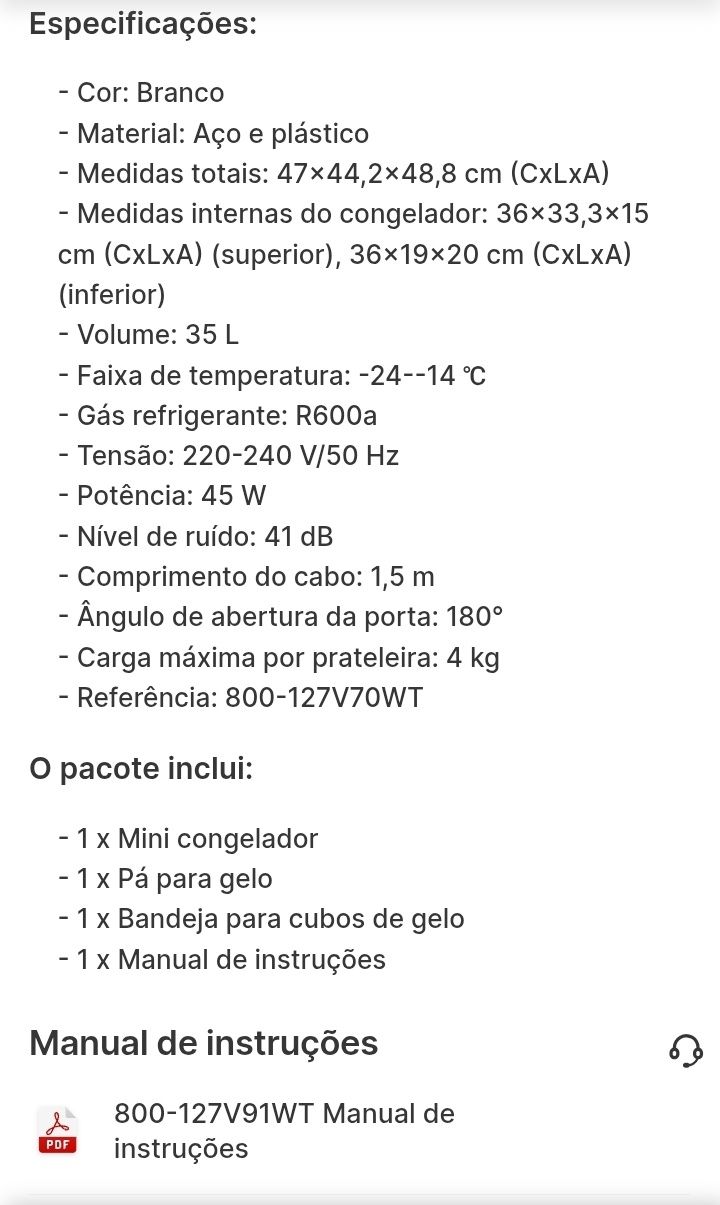 Homcom mini congelador 35 L silencioso, posso fazer entrega