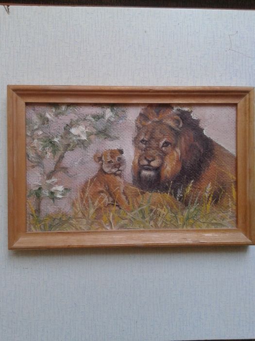 Картина "Лев со львенком" (рамка,масло)