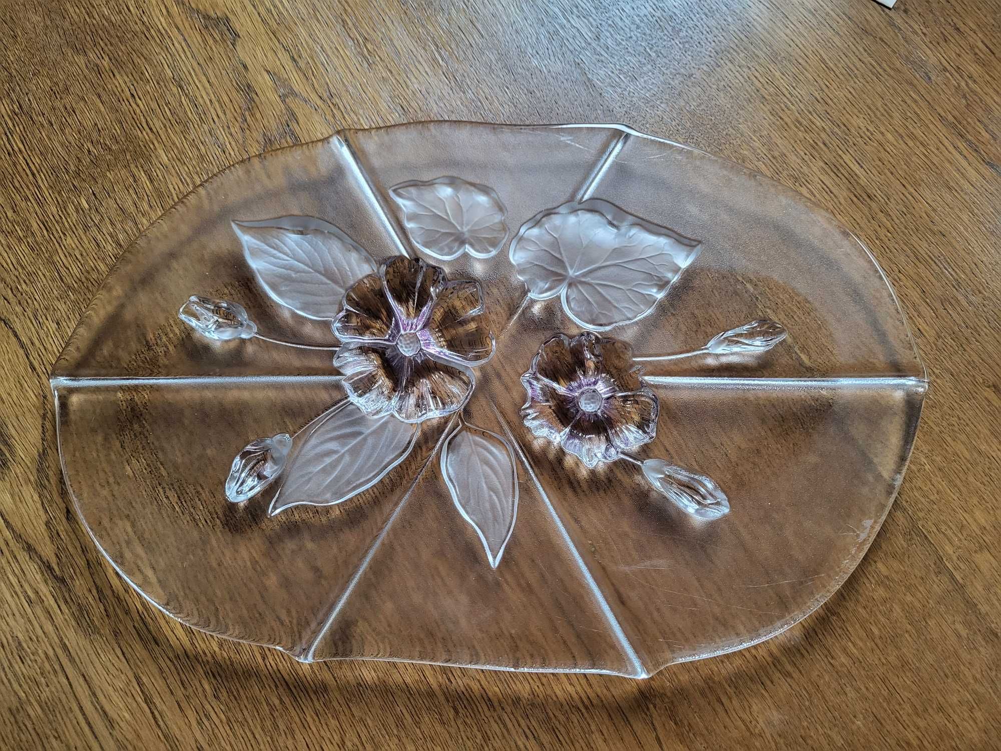 Unikatowy talerz / patera szklana z motywami roślinnymi