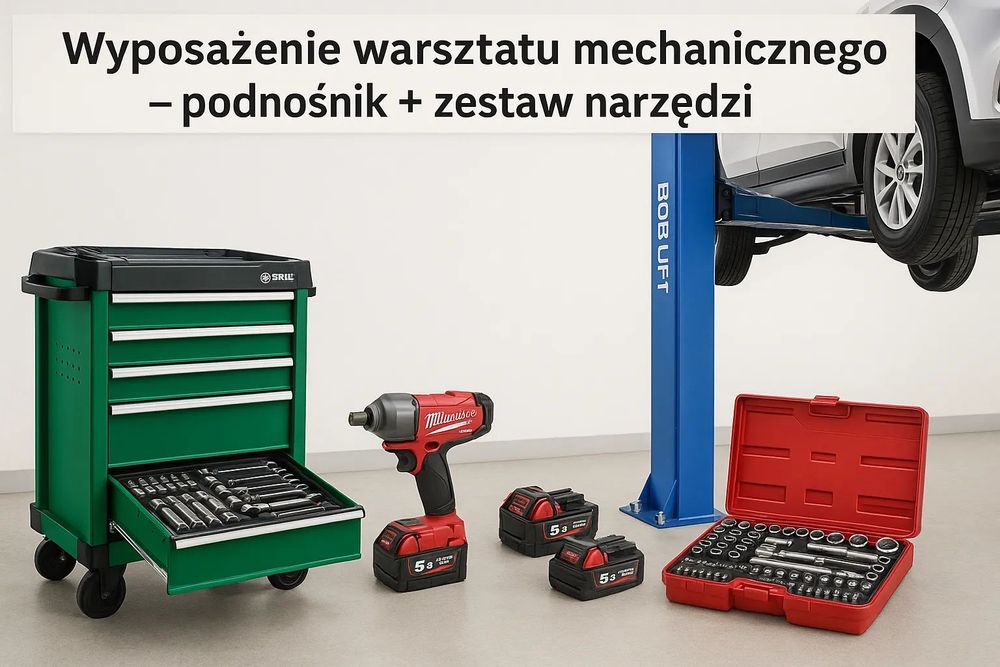 Zestaw do warsztatu mechanicznego – podnośnik + wózek narzędziowy + klucze