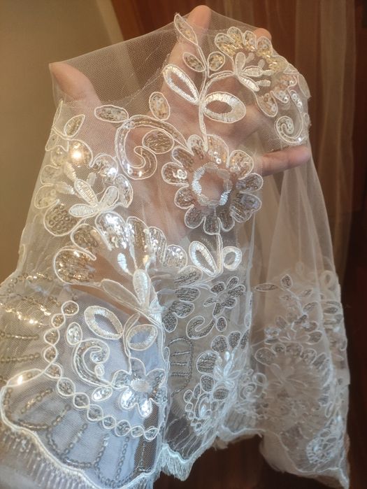 Véu Noiva Tule Renda Lantejoulas Pérola 4M