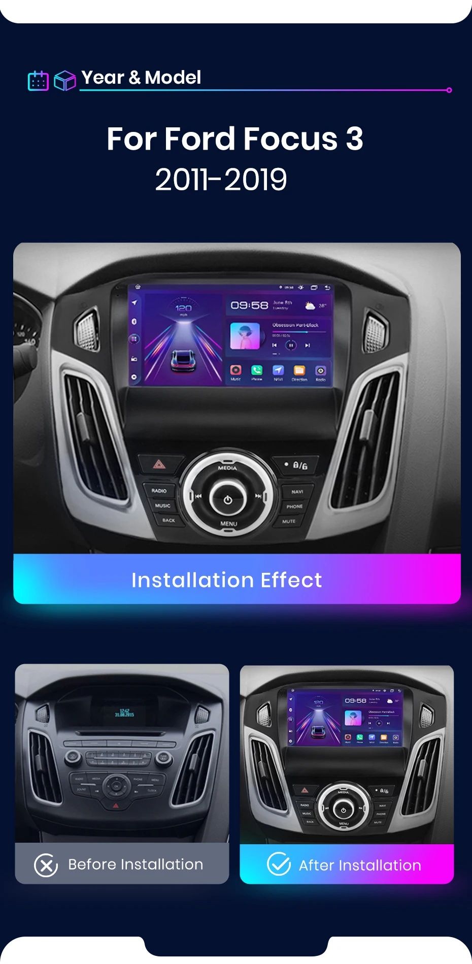 Rádio Android  9" Ford Focus 3 CARPLAY 8-core 4/64GB GPS WIFI 4G Novo