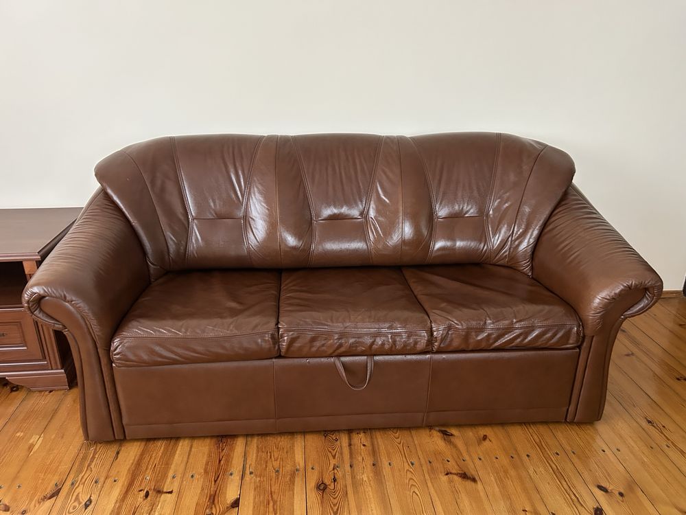 Skorzana sofa brazowa czekoladowa 3 osobowa rozkladana