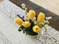 Koszyk wielkanocy z kwiatami, szydelko, handmade, tulipany, welna