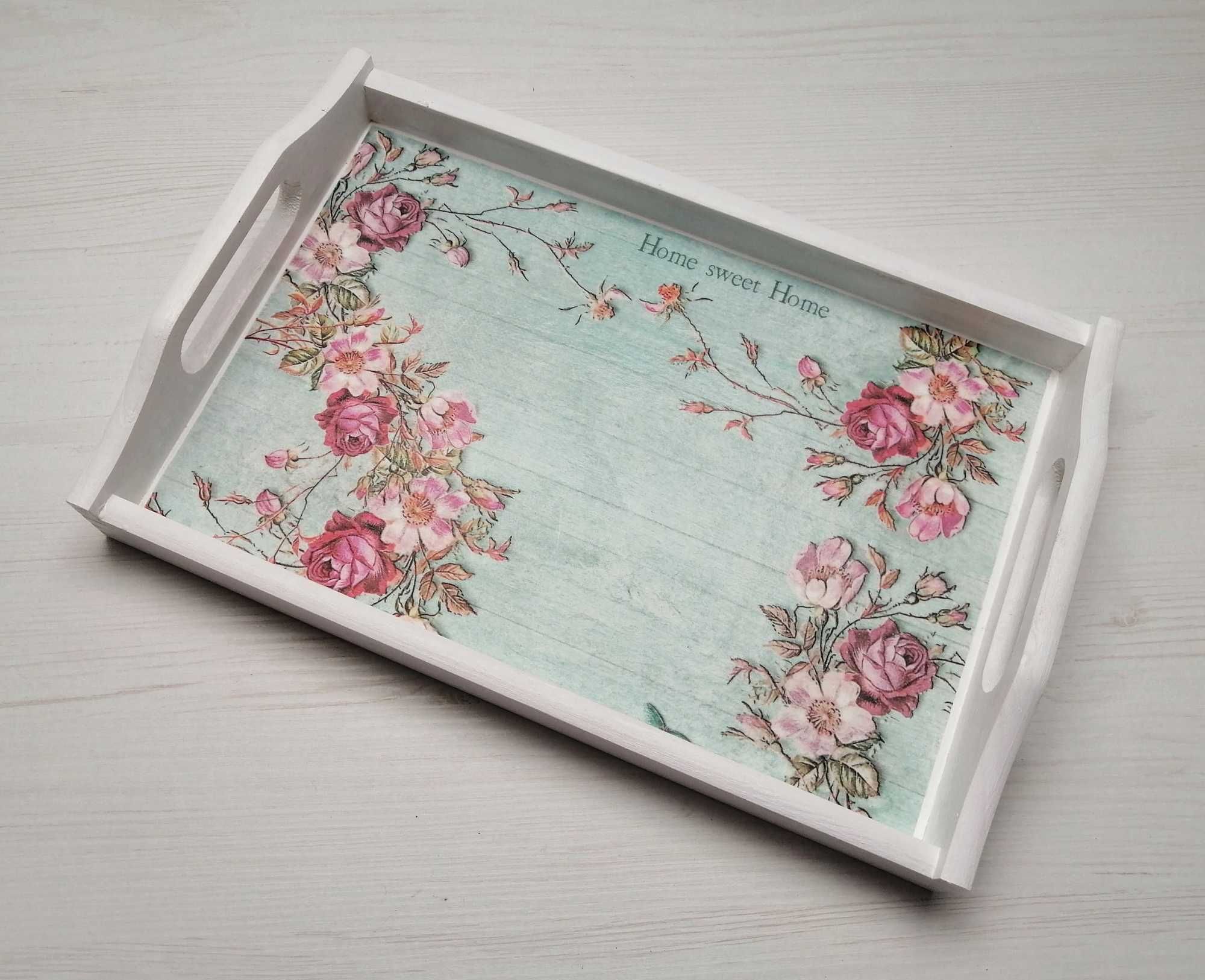 Drewniana taca BIAŁA Kwiaty decoupage ręcznie robiona nowa