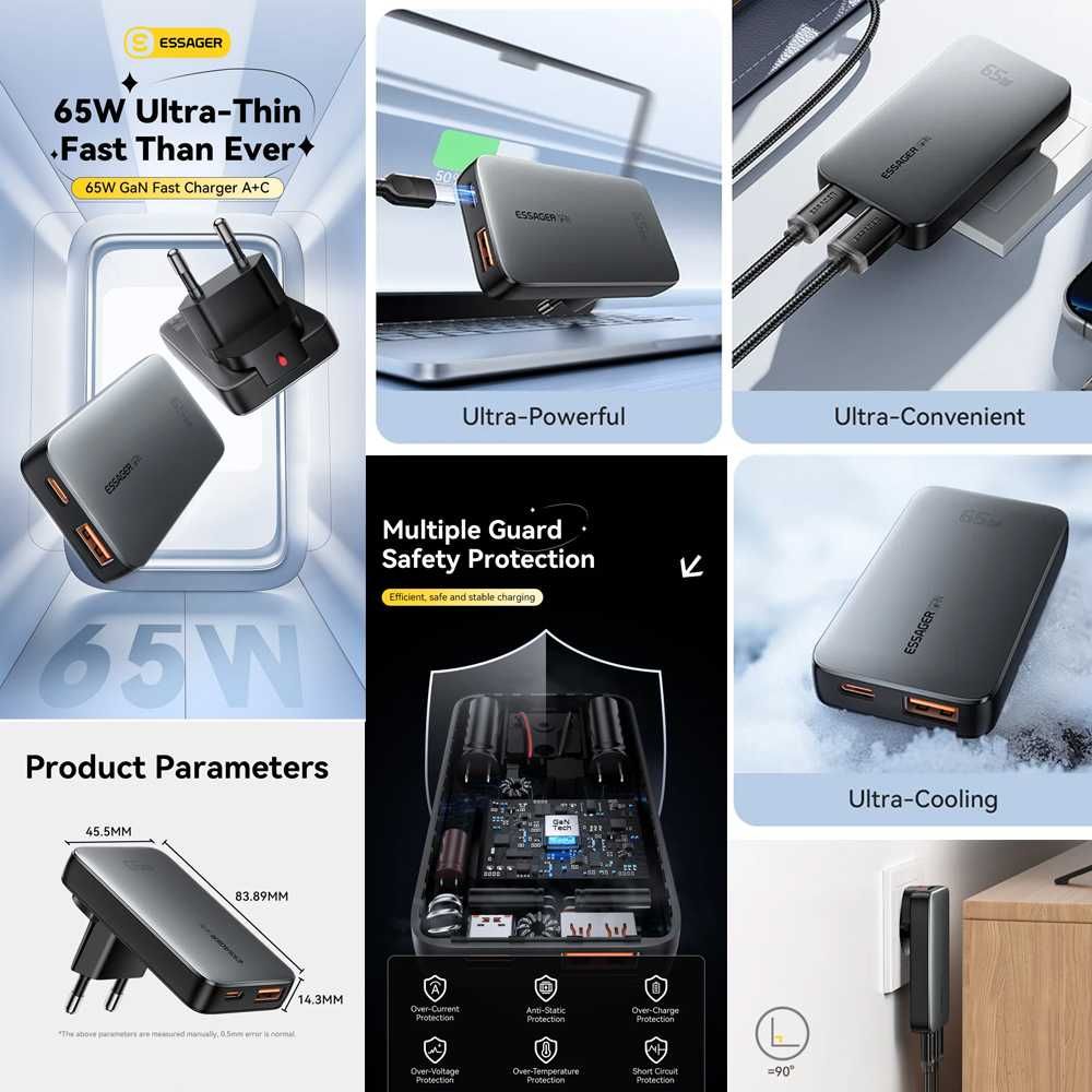 Тонкий зарядний пристрій Essager 65W GaN, QC, PD, PPS, USB-C + USB-A