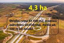 Działka rolna 43 000 m2 z MPZP z możliwością zabudowy siedliskowej