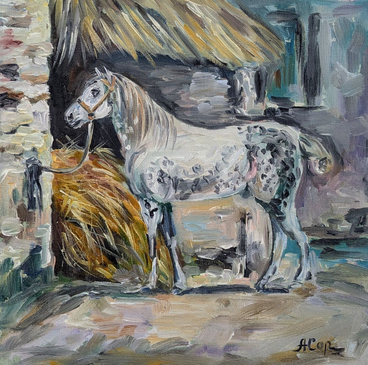 Quadro pintado á óleo sobre tela colada em cartão, 30x30 cm