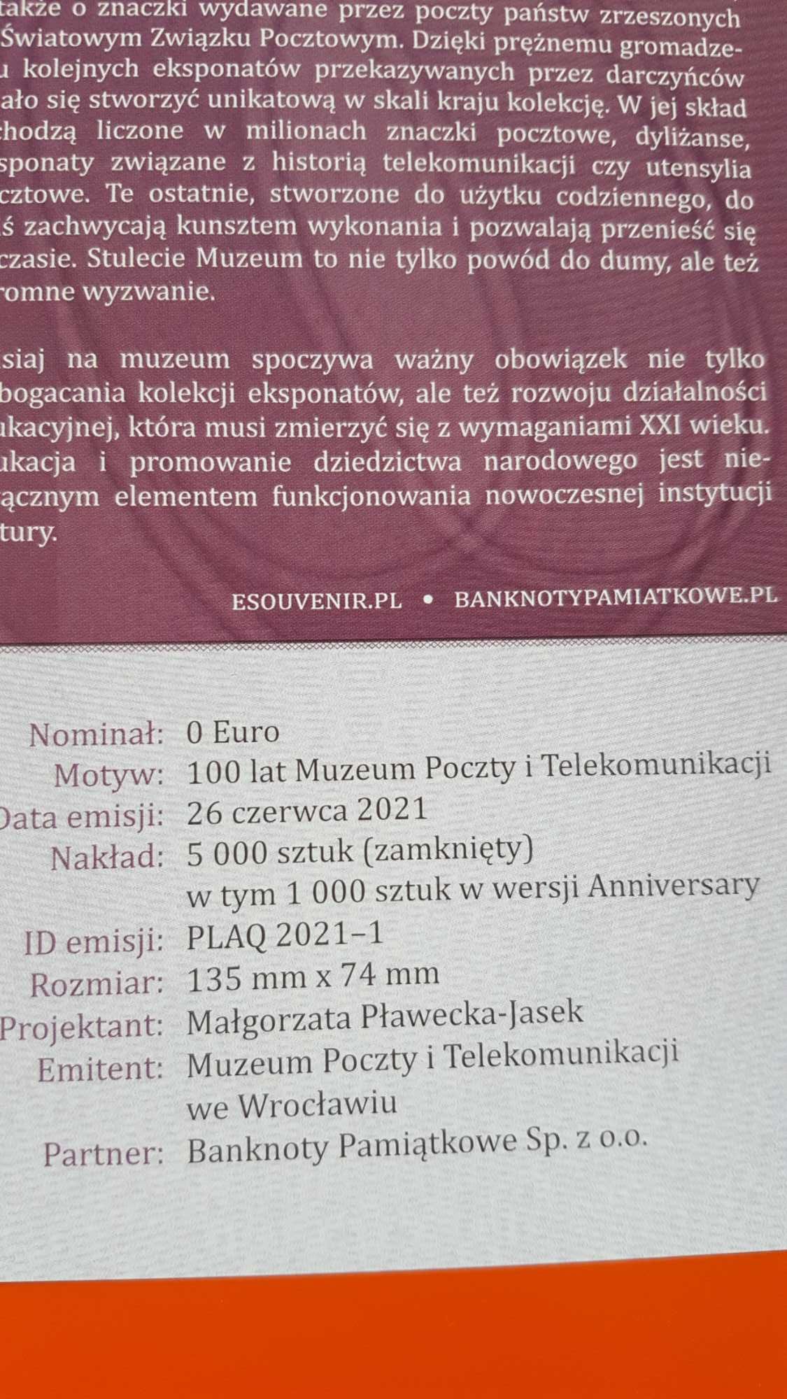 Banknot 0 euro 100 Lat Muzeum Poczty i Telekomunikacji - anniversary
