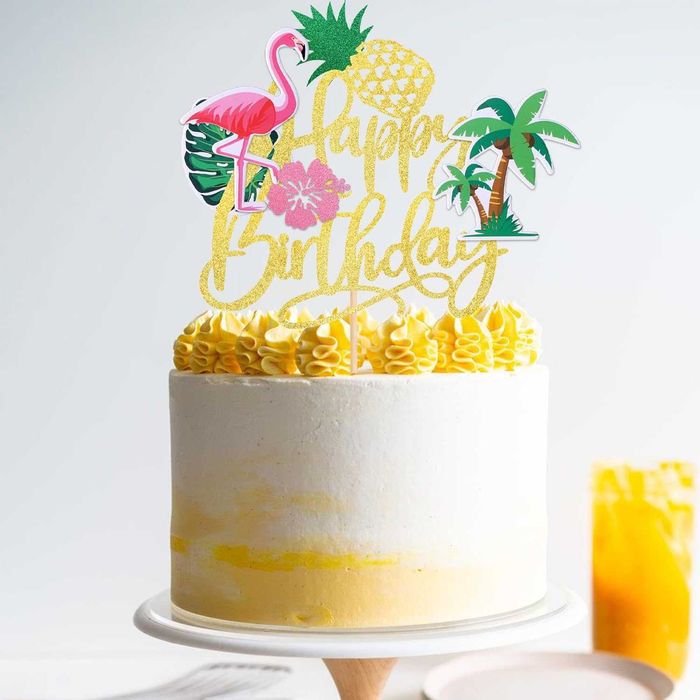 Brokatowy topper urodzinowy TROPICAL HAPPY BIRTHDAY