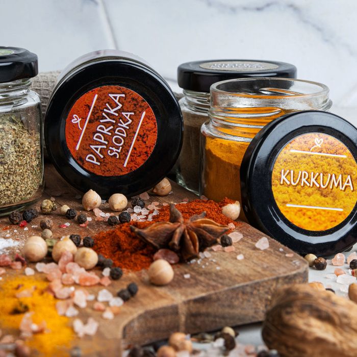 Zestaw przyprawy, zioła + 24x słoiczki 106 ml zakrętka + 75x etykiety
