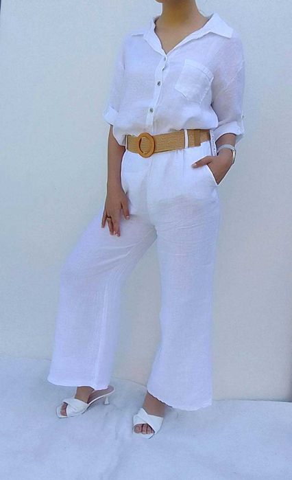 Nowy Lniany komplet szerokie spodnie koszula 100% len puro S M L uni