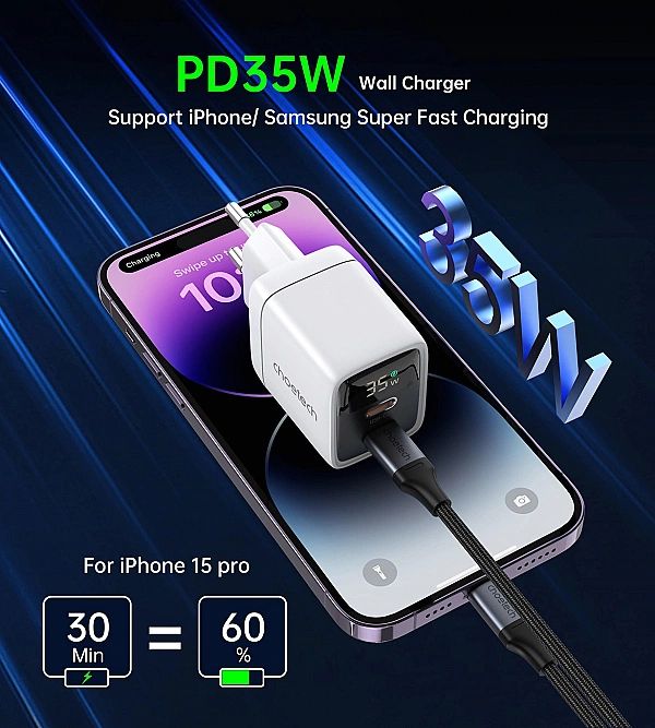 Ładowarka sieciowa GaN Choetech PD6051/2x USB-C PD 35W z wyświetlaczem