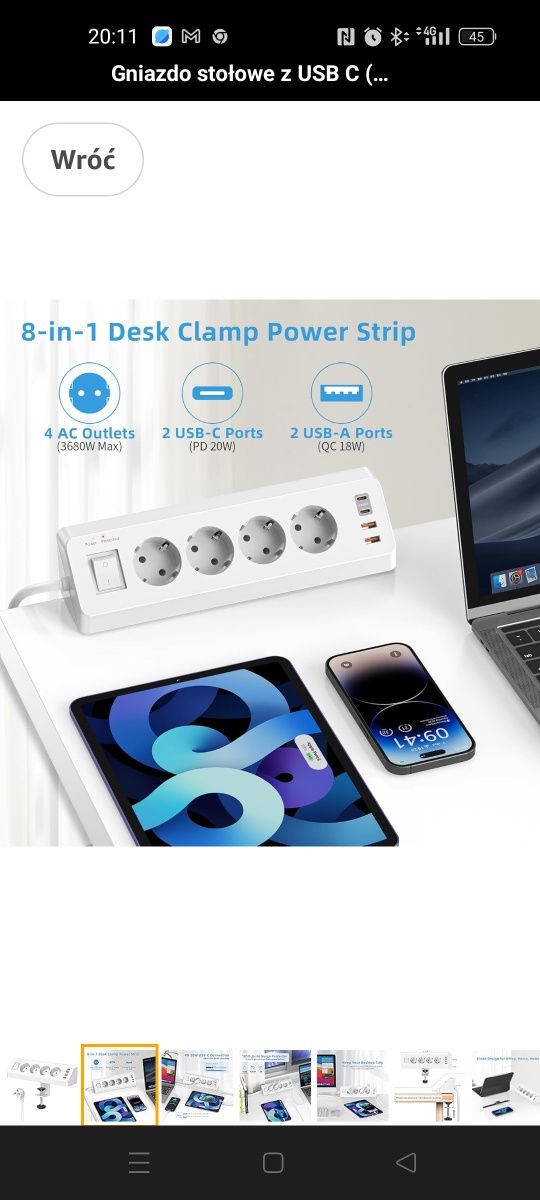Gniazdo stołowe z USB C (PD 20 W), listwa zasilająca 8 w 1