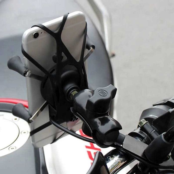 Suporte telemóvel USB garras 4 pontos fixação espelho cafe racer