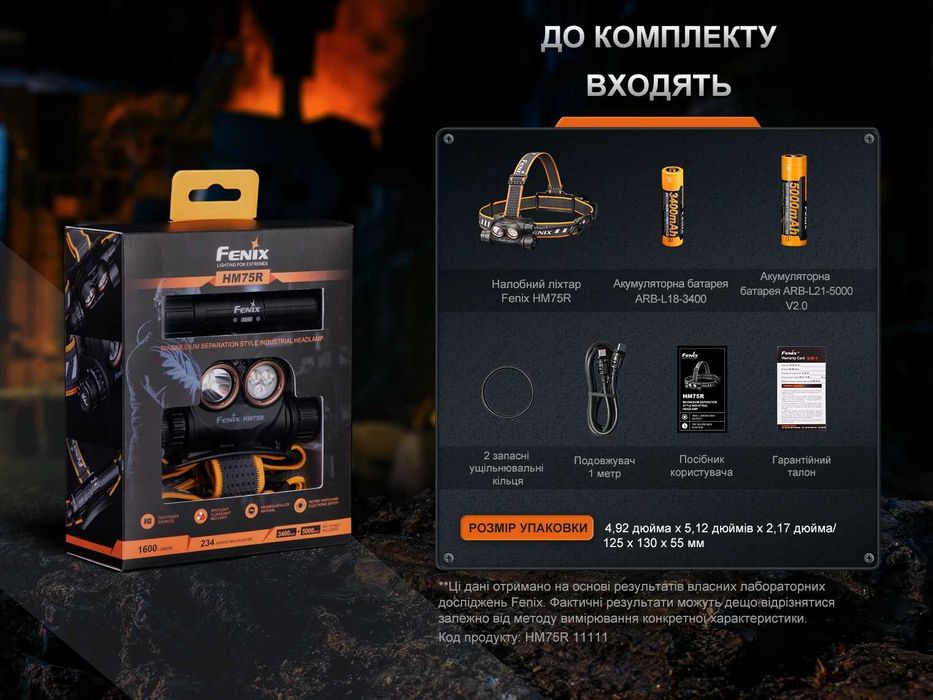 Fenix HM75R Ліхтар Налобний з 2ма АКБ (1600 Люмен) ГАРАНТІЯ 5 РОКІВ!