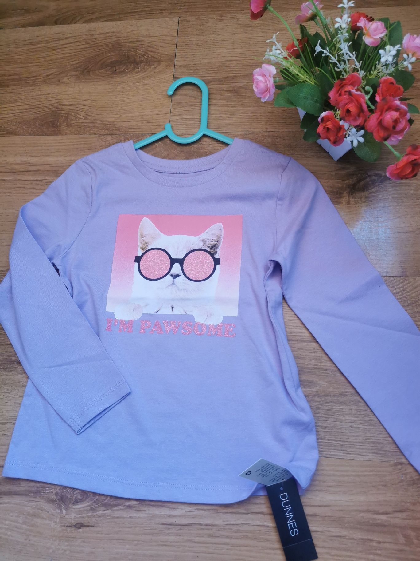 Nowa z metką liliowa bluzka Dunnes Stores z kotem okulary r. 116