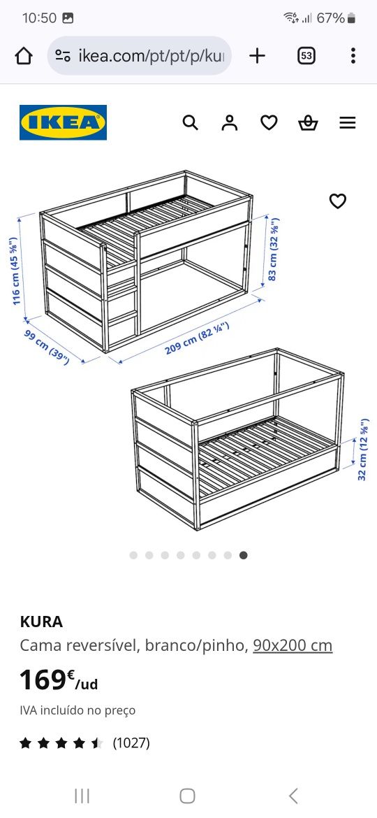 Cama criança KURA com dossel rosa ou verde
Cama reversível, branco/pin