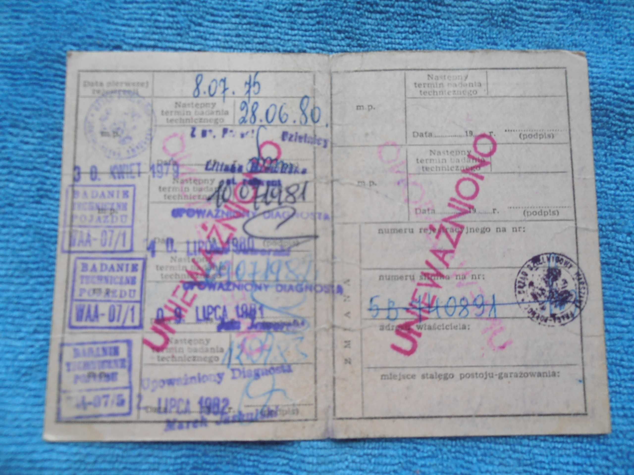 Dowód rejestracyjny kolekcjonerski Trabant 601 rok prod.1975