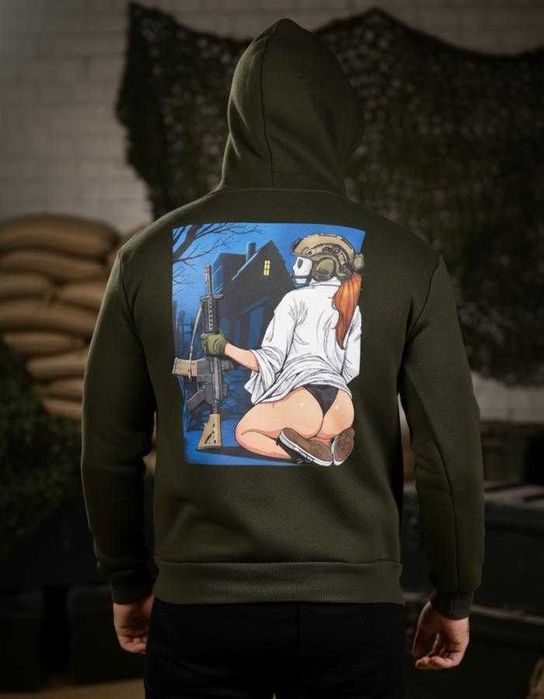 Тактичне худі олива Sexy Girl with AR-15 на флісі Без передоплати