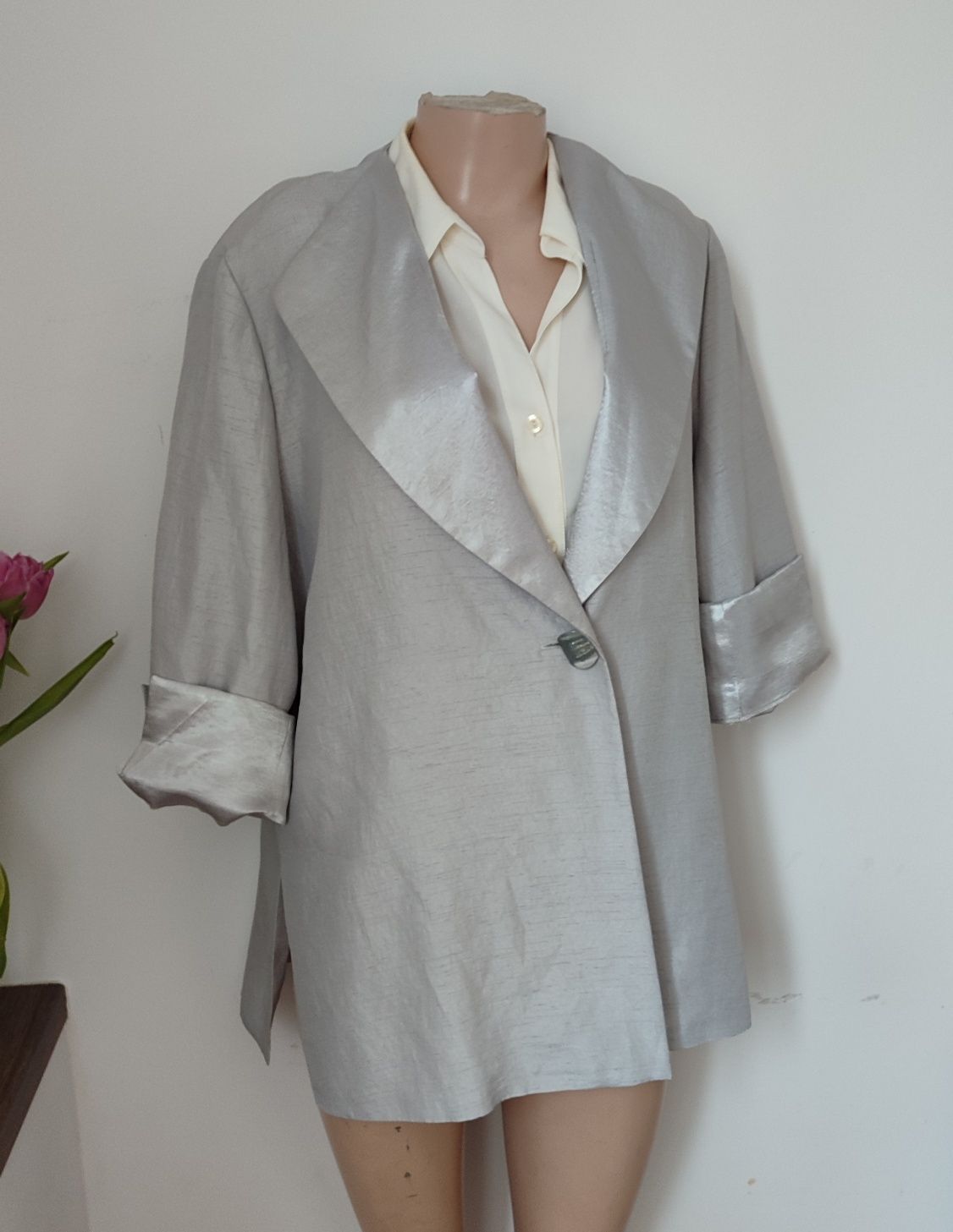 Marynarka żakiet Plus size 48 srebrny szary