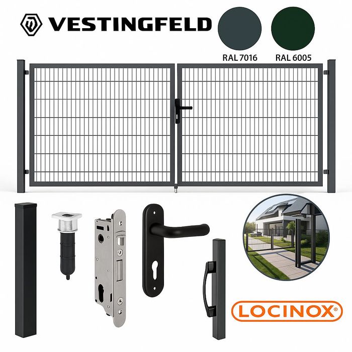 Brama skrzydłowa 2D panel ocynk malowana proszkowo słupy LOCINOX