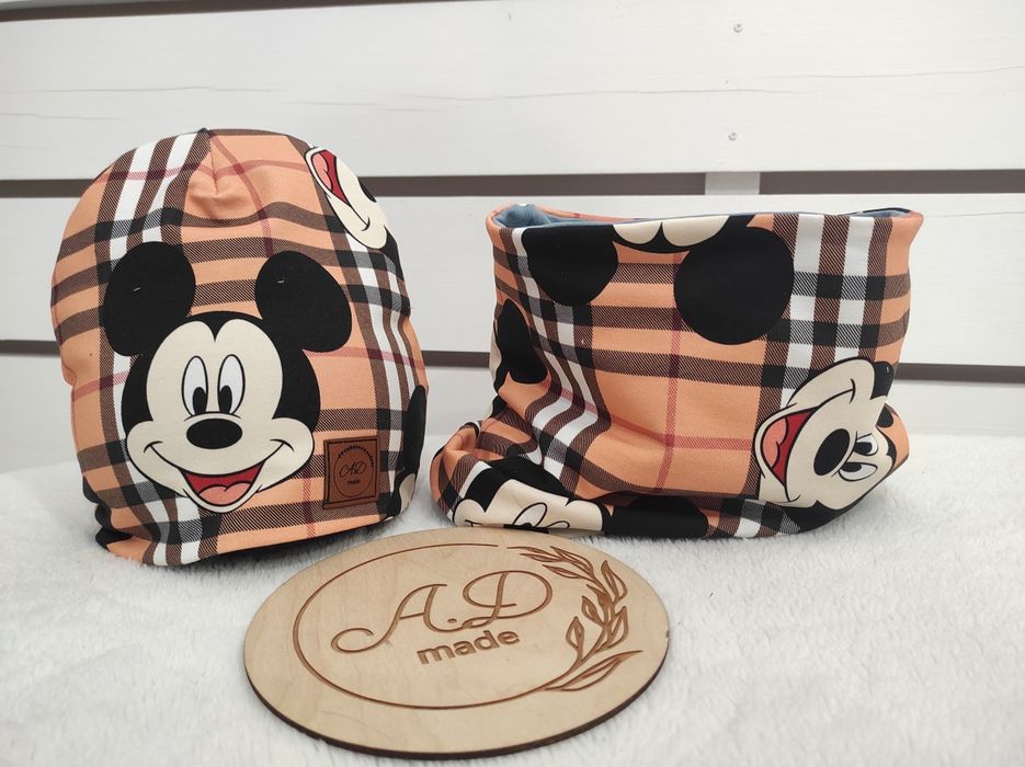 Komplet zestaw Myszka Mickey krata bawełniany czapka komin