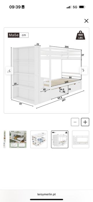 Beliche 90x200cm com escada de arrumação e prateleira incluída