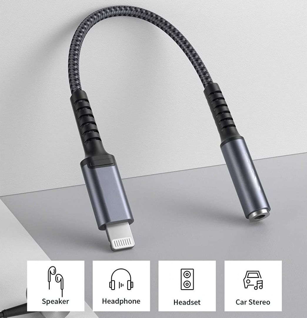 Adapter Przejściówka Ze Złącza Lightning Na 3,5 Mm Mini Jack Szary