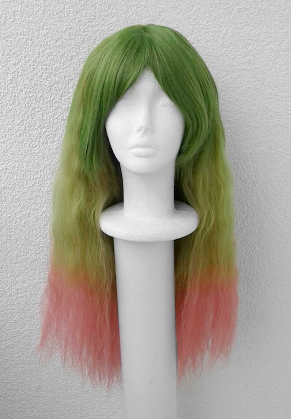 Zielona ombre falowana karbowana peruka z grzywką wig cosplay arbuz