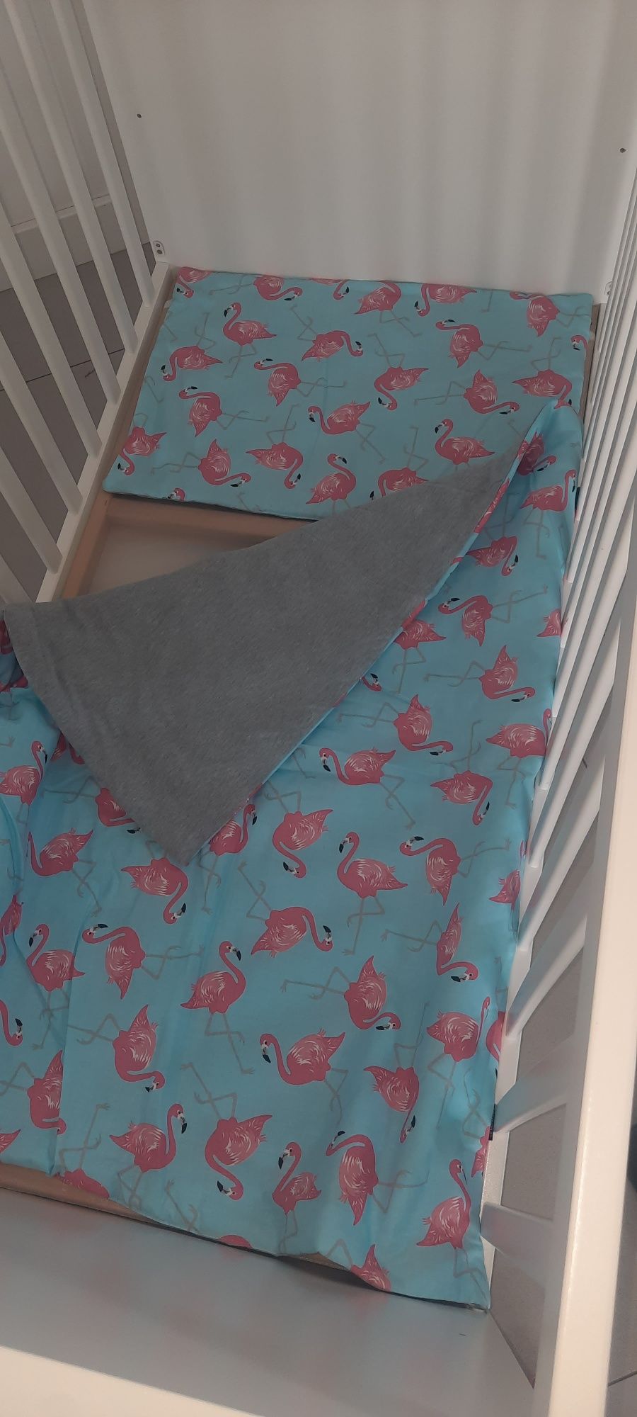 Pościel dziecięca kołdra poduszka do łóżeczka 120 turkus szara flaming
