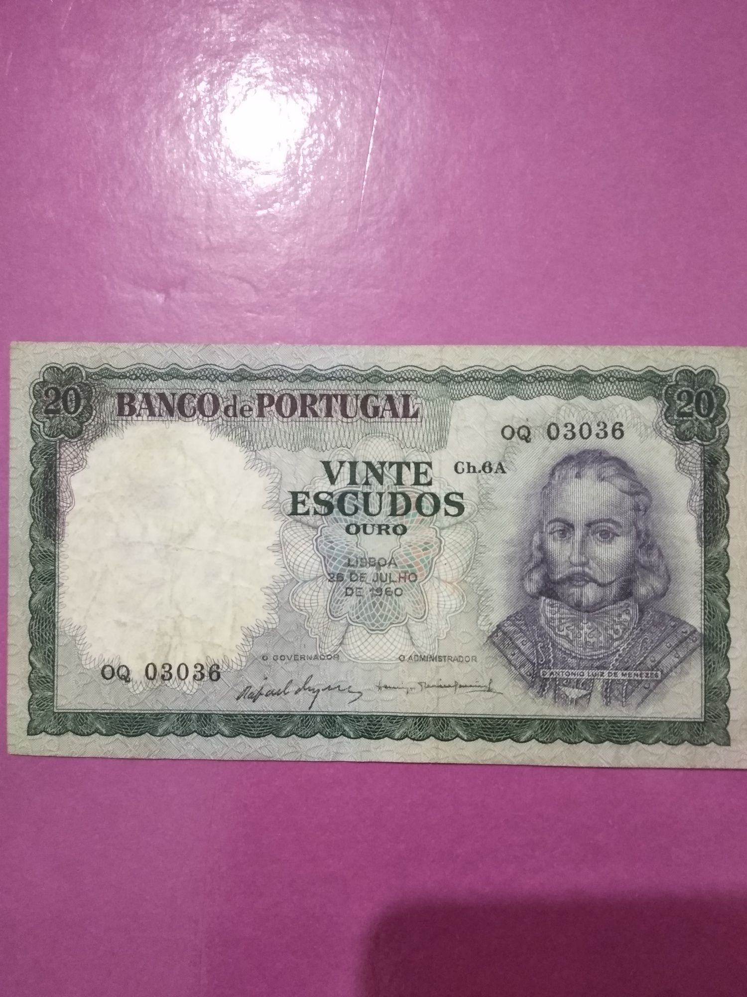 NOTA DE 20 ESCUDOS 1960 D.ANTÓNIO LUIZ DE MENEZES, 26/07/1960