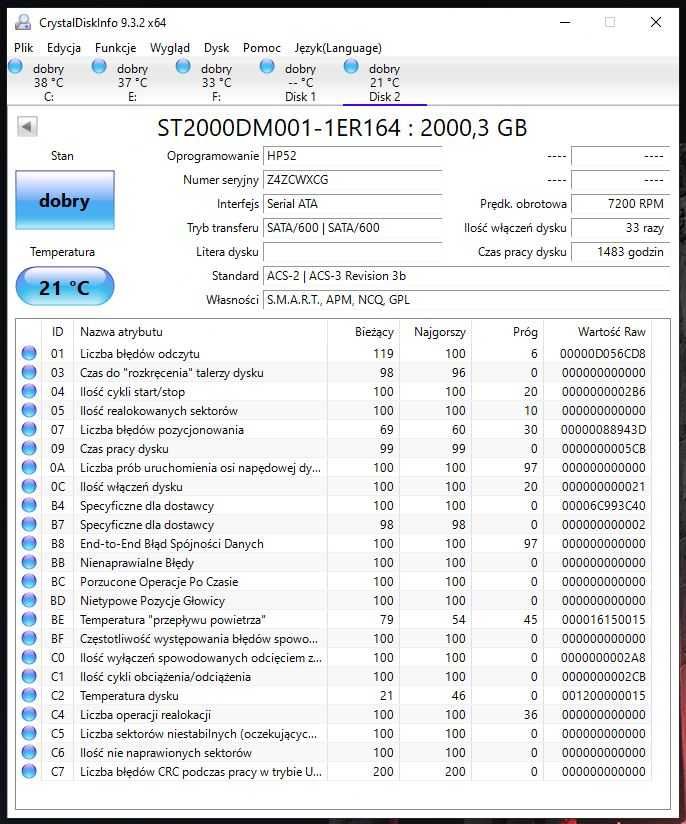 Dysk HDD Segate 2TB - S.M.A.R.T = dobry