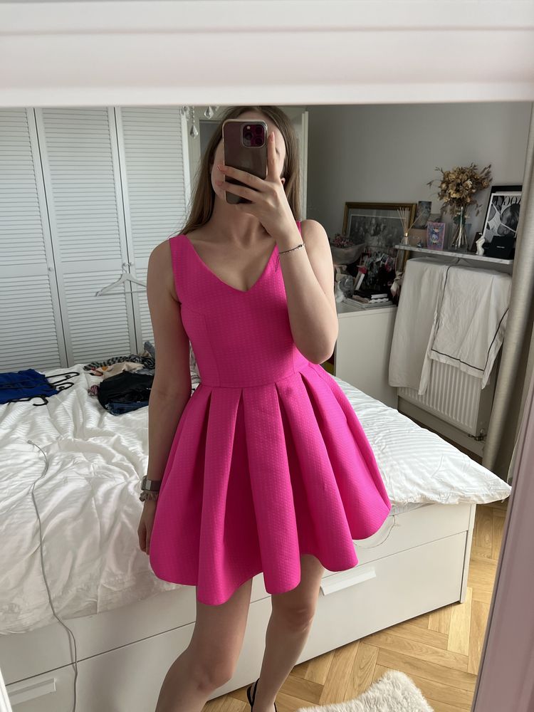 Elegancka sukienka na wesele XS Różowa A.Rudzka wizytowa neonowa