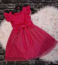 Sukienka elegancka dla dziewczynki tiulowa fuksjowa kokarda 98/104