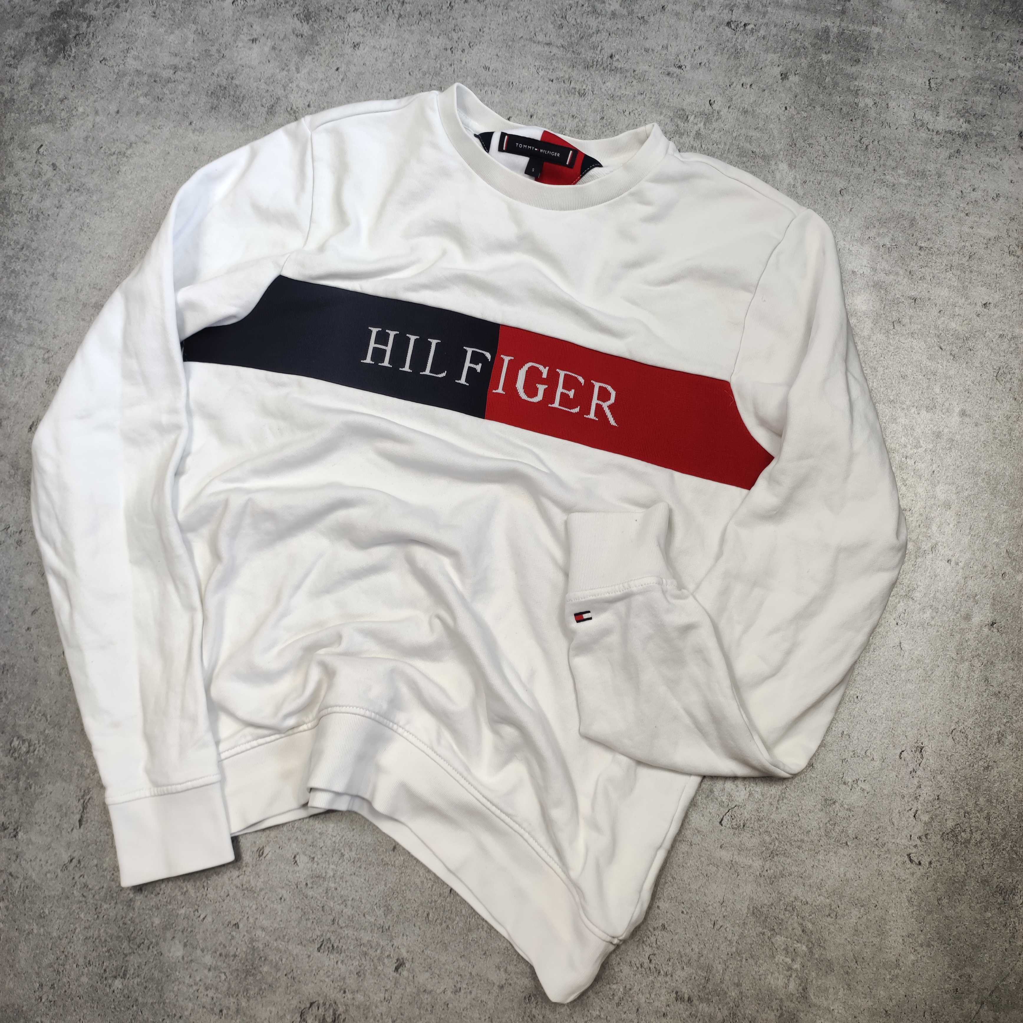 MĘSKA Bluza Klasyczna Elegancka Biała Tommy Hilfiger Duże Logo Premium