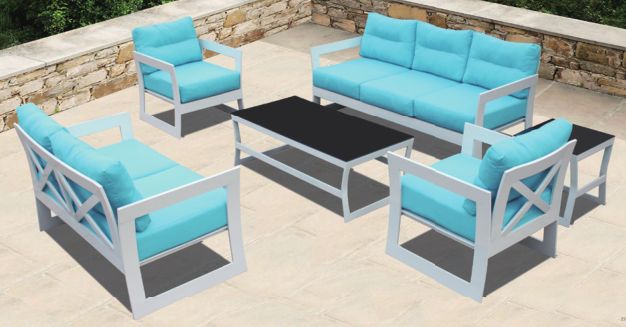 Meble ogrodowe Azalia - kanapa fotele i stoliki nowe biały niebieski
