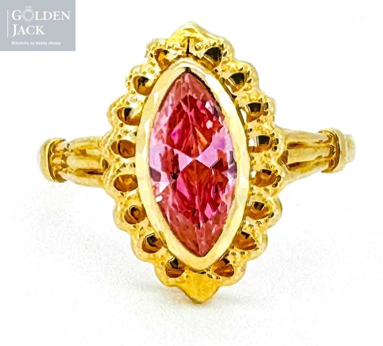 Złoty pierścionek fioletowy kamień ażurowe złoto pr. 585 roz. 21 2,24g