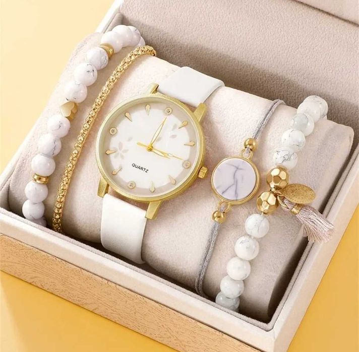 Zestaw prezentowy biały zegarek plus bransoletki