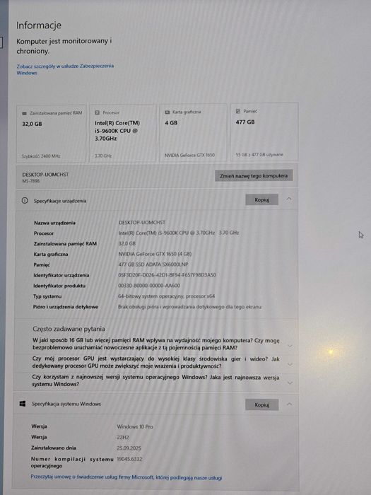 Gamingowy komputer– i5-9600K/GTX 1650/32 GB RAM/SSD / Win 10 Pro