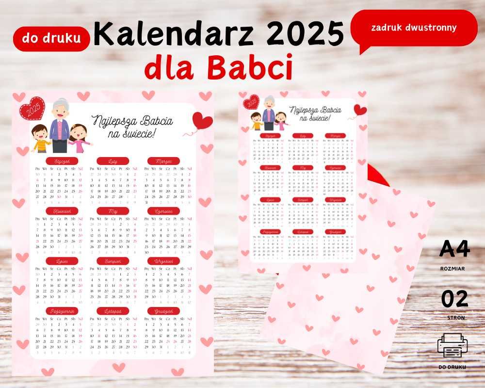 Kalendarz 2025 dla Babci A4 PDF do druku