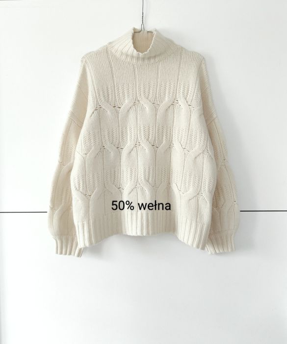 Sweter Massimo dutti 38 M kremowy ecru wełniany półgolf pleciony
