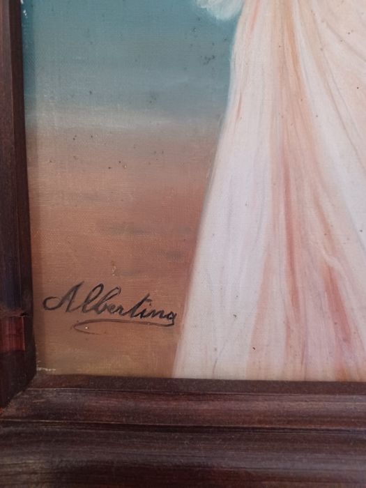 Quadro em tela com pintura de escola assinado